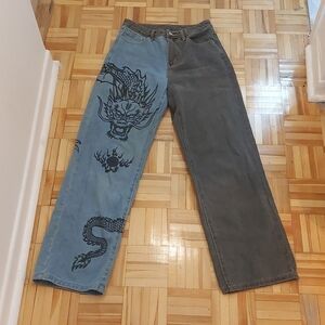 Shein wide leg split jeans with dragon size XS